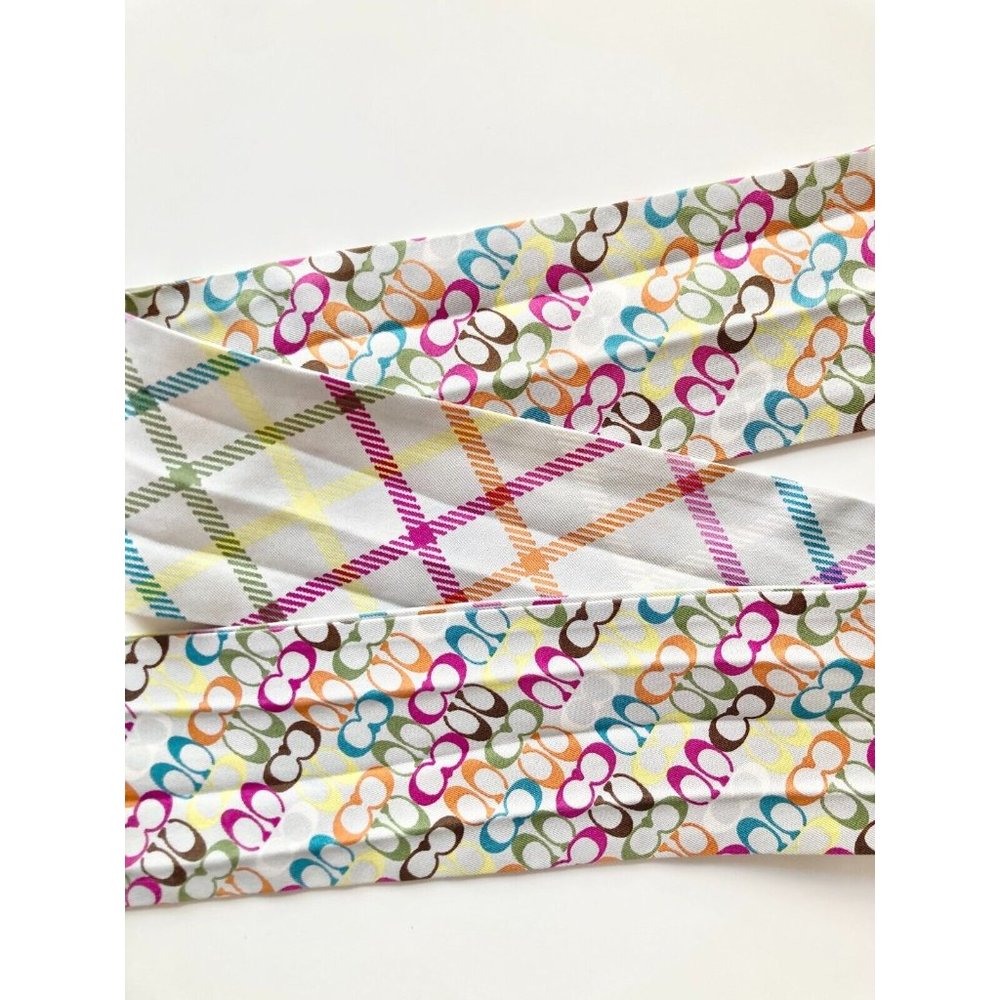 COACH Multi Color Logo Check Print Silk Twill 34" x 2.5" Twilly Skinny Scarf - Picture 5 of 9